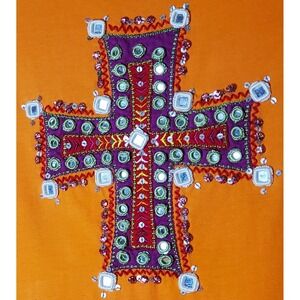 Double D Ranch Mirrored Cross Embroidered Orange Short Sleeve Medium T Shirt